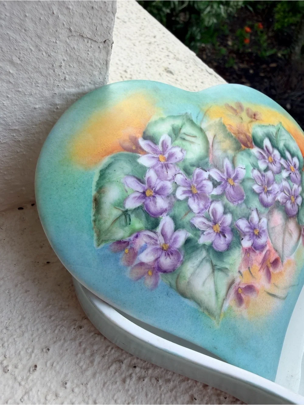 Vintage Hand Painted Porcelain Heart Trinket Box Purple Violets Floral Aqua